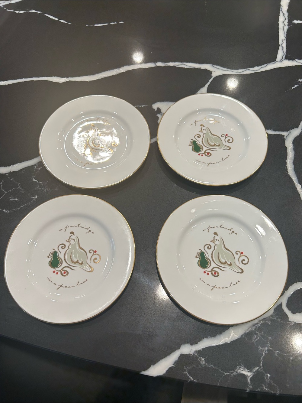 Pier One White Ceramic Dessert Plates with Green and Gold Bird Design - Set of 4
